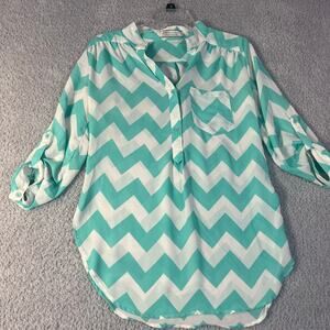 Giddy up glamour turquoise striped blouse roll sleeves front pocket sz S (4/6)